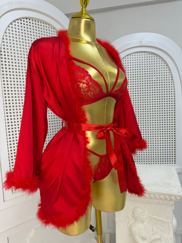 Red Luxury Satin Feather-Trimmed Robe & Bralette 3-Piece Set - alternate view