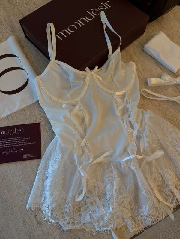 Natasha Lace Babydoll Set with Accessory & Stocking - alternate view