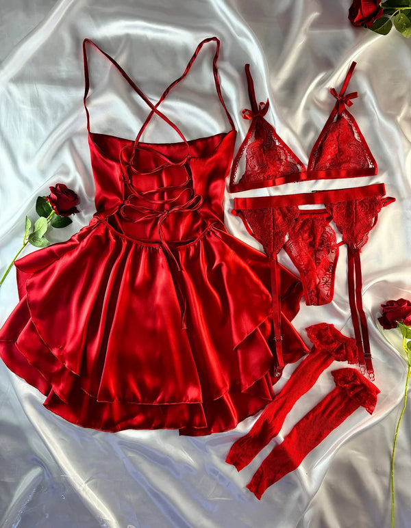 Red Ruffled Dress & Garter Belt Set by The Lilith Noir