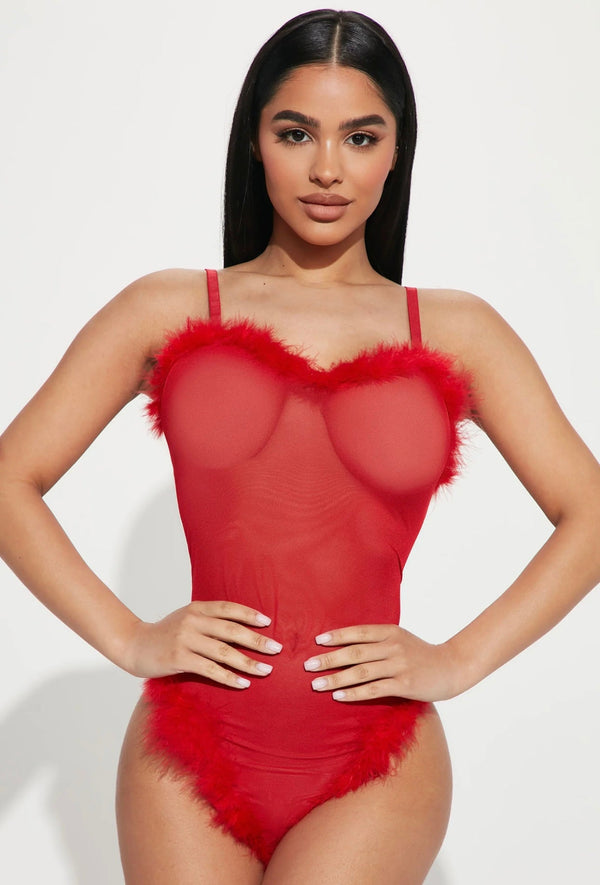 Red Ruffled & Feather-Trimmed Sheer Bodysuit - alternate view