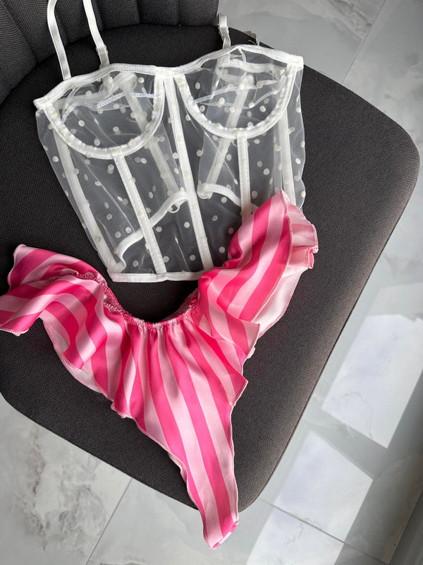 Ecru Corset & Pink Ruffled Panty Set - alternate view