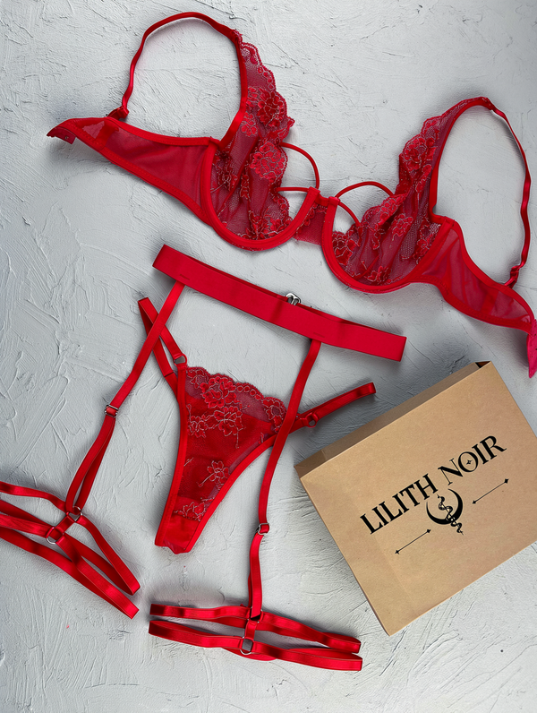 Red Lace Garter Belt Set — The Lilith Noir - alternate view