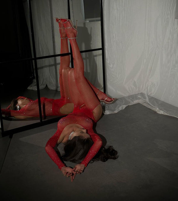 Red Sparkle Mesh Bodysuit & Legging - The Lilith Noir