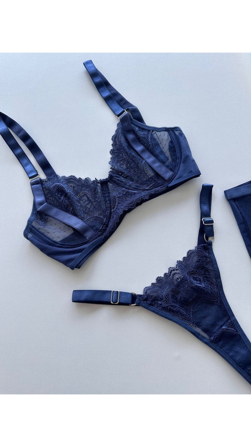 Cobalt Blue Skirted Lace Bra Set by The Lilith Noir