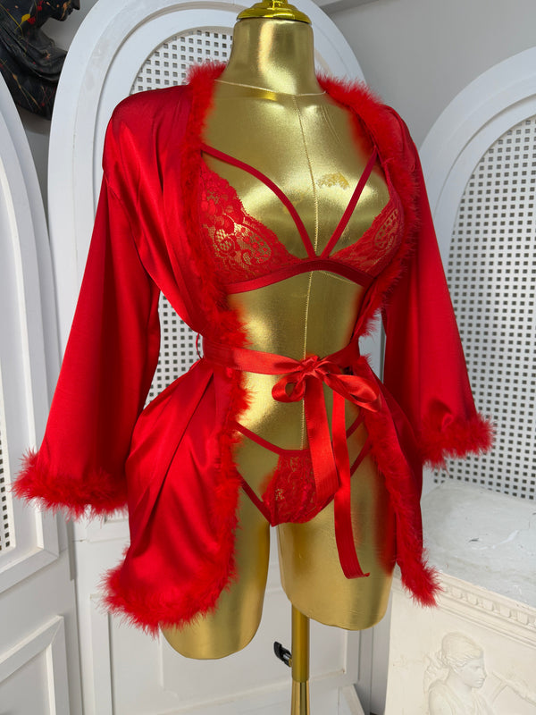 Red Luxury Satin Feather-Trimmed Robe & Bralette 3-Piece Set by The Lilith Noir