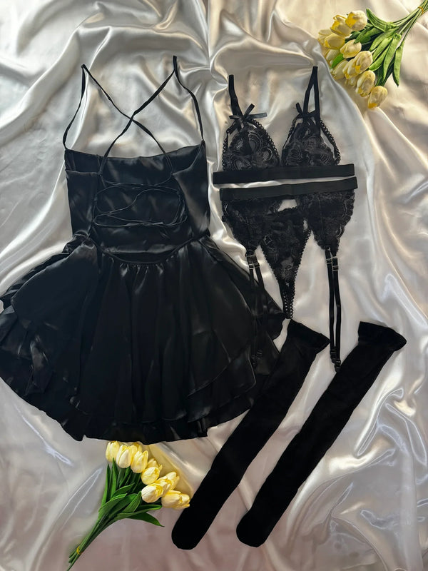 Black Ruffled Dress & Garter Belt Set by The Lilith Noir