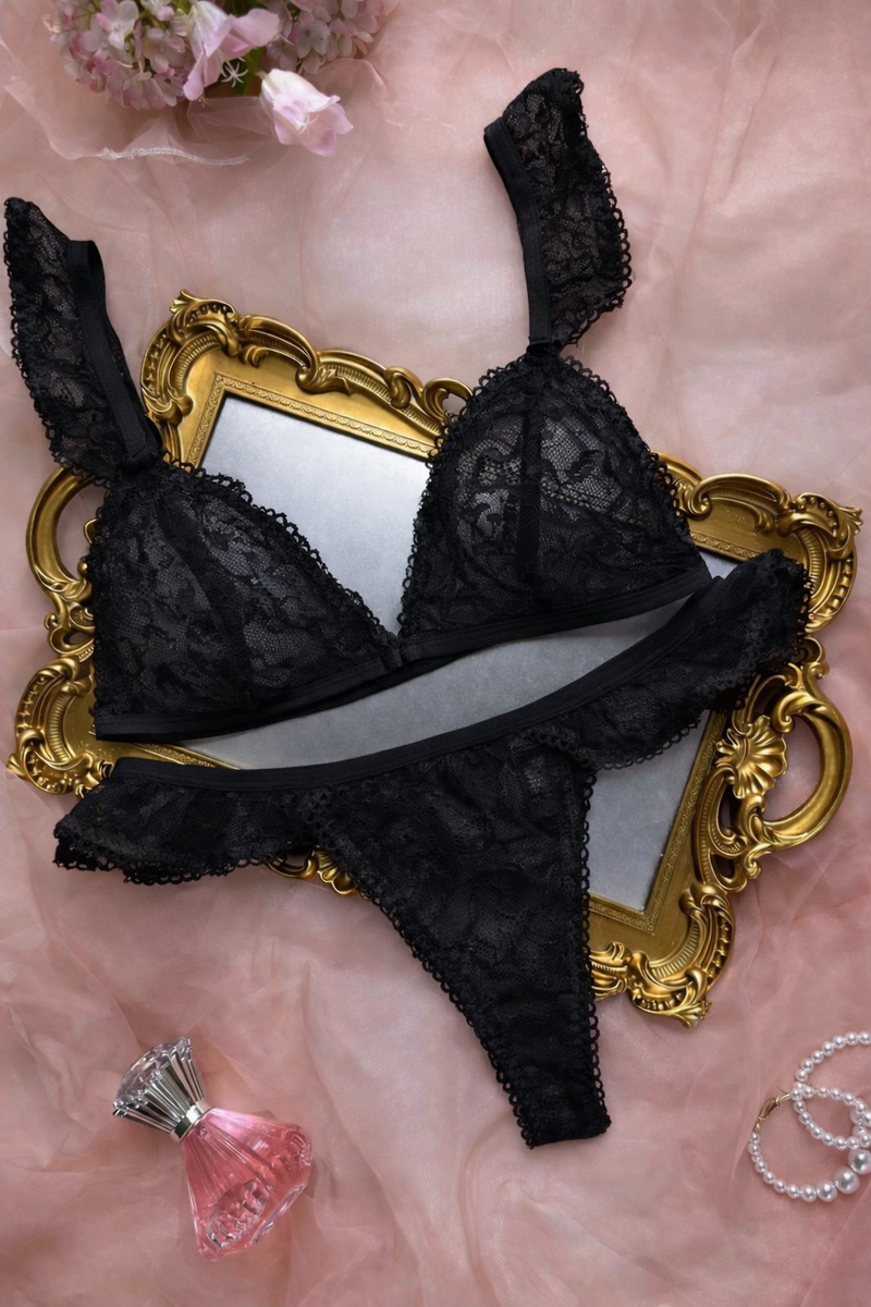 Black Lace Romantic Lingerie Set by The Lilith Noir — Side View