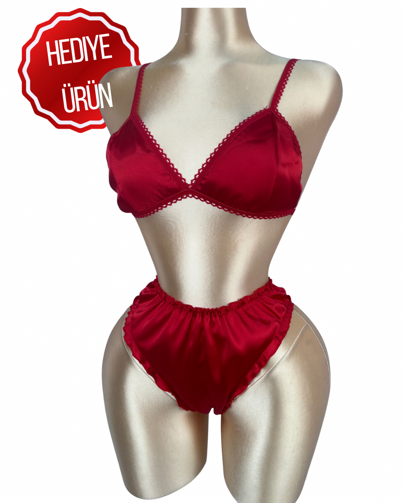 Fire Red Feather-Trimmed Satin Robe Set by The Lilith Noir — Lifestyle Shot