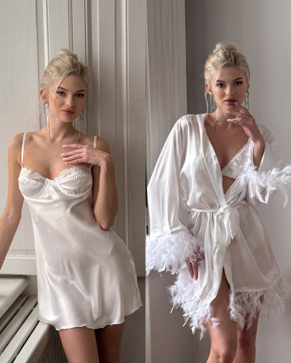 White Bridal Feather-Trimmed Robe, Nightgown & Satin Lingerie Set by The Lilith Noir