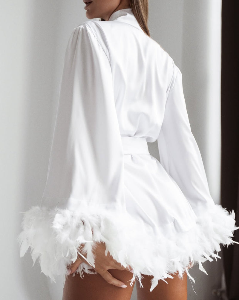 Ecru Feather-Trimmed Satin Robe & Panty Set by The Lilith Noir — Lifestyle Shot