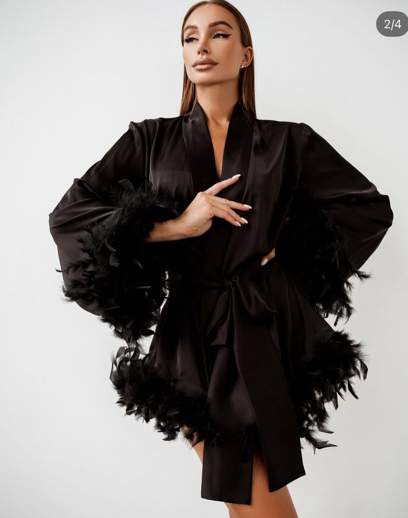 Black Feather-Trimmed Satin Luxury Robe by The Lilith Noir — Side View