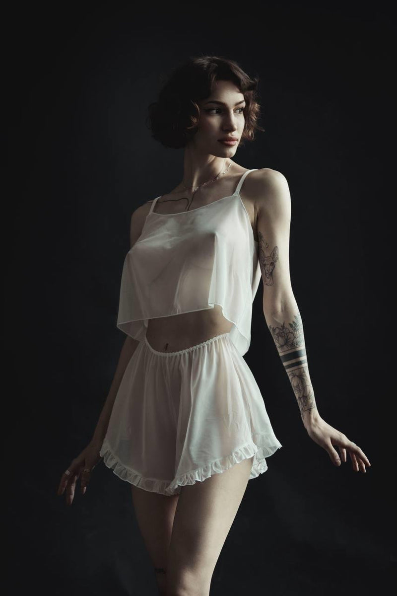 Ecru Chiffon Shorts Set by The Lilith Noir — Model View
