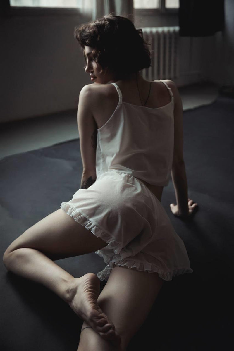 Ecru Chiffon Shorts Set by The Lilith Noir — Close-up