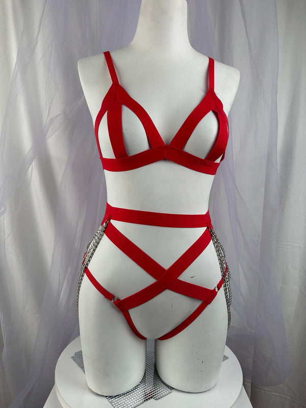 Red Chain Harness Lingerie Set by The Lilith Noir