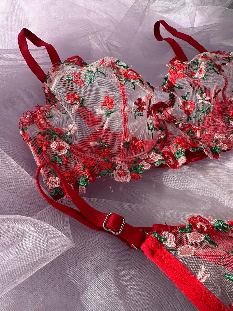 Red Floral Embroidered Lingerie Set by The Lilith Noir