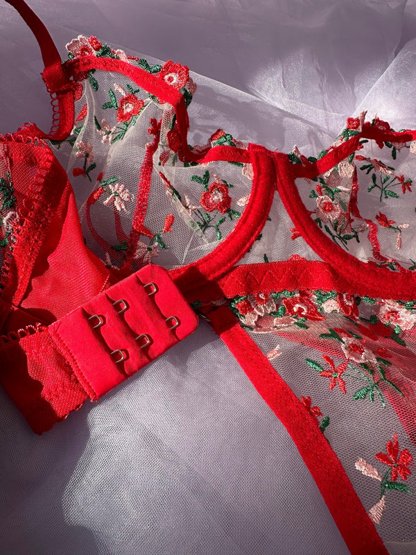 Red Floral Embroidered Lingerie Set - alternate view