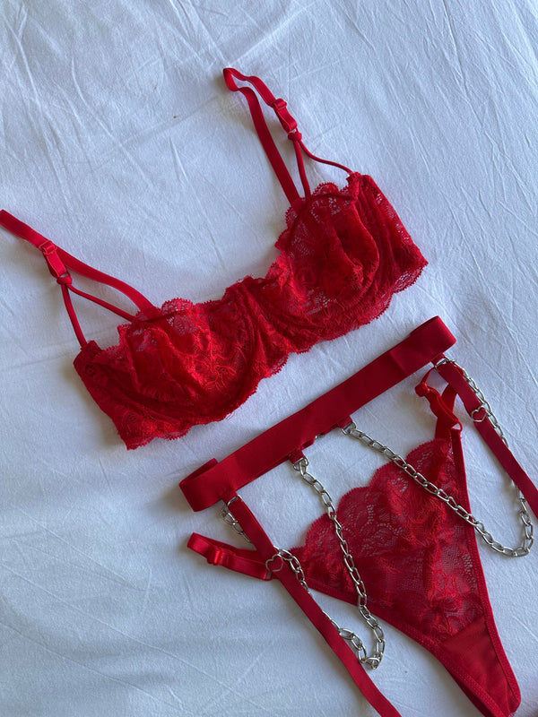 Red Love Lace-Up Garter Belt Set - alternate view