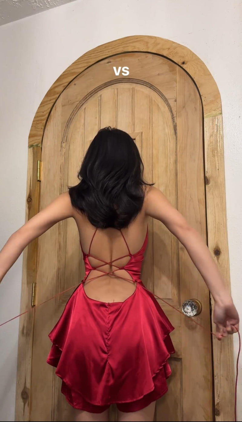 Red Double-Layer Ruffled Satin Dress by The Lilith Noir — Side View