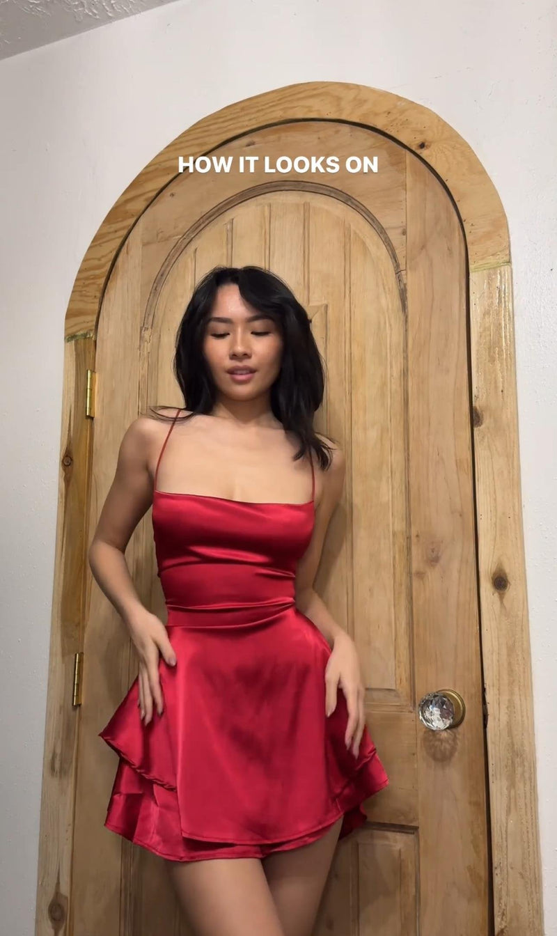 Red Double-Layer Ruffled Satin Dress by The Lilith Noir — Lifestyle Shot