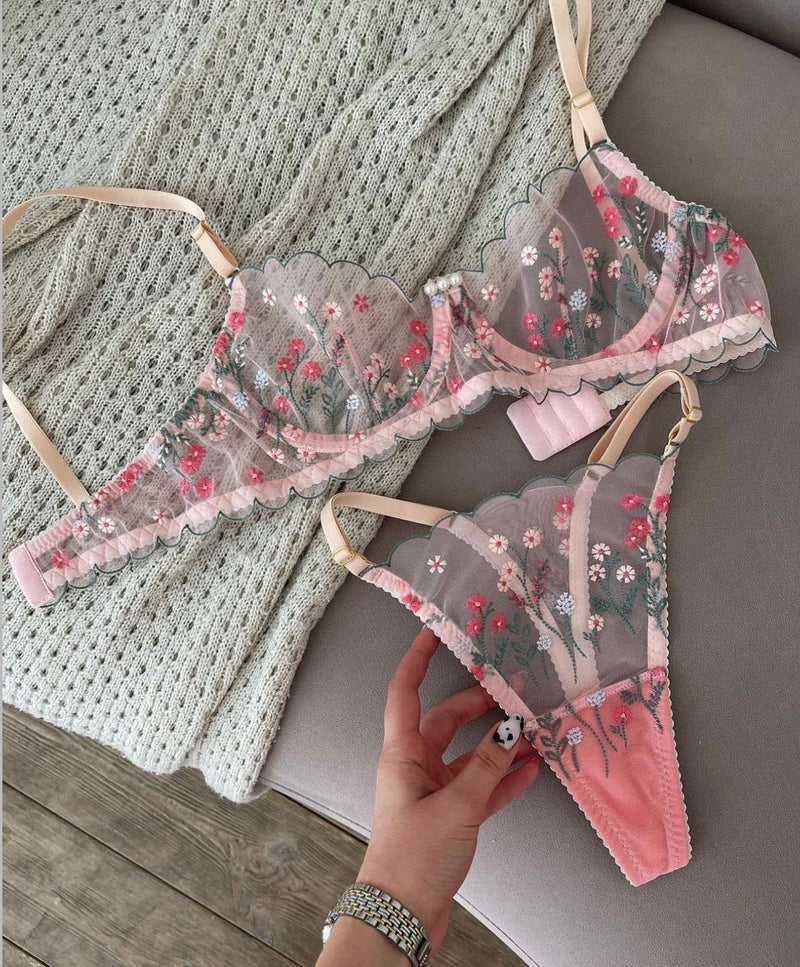 Pink Floral Embroidered Lingerie Set by The Lilith Noir