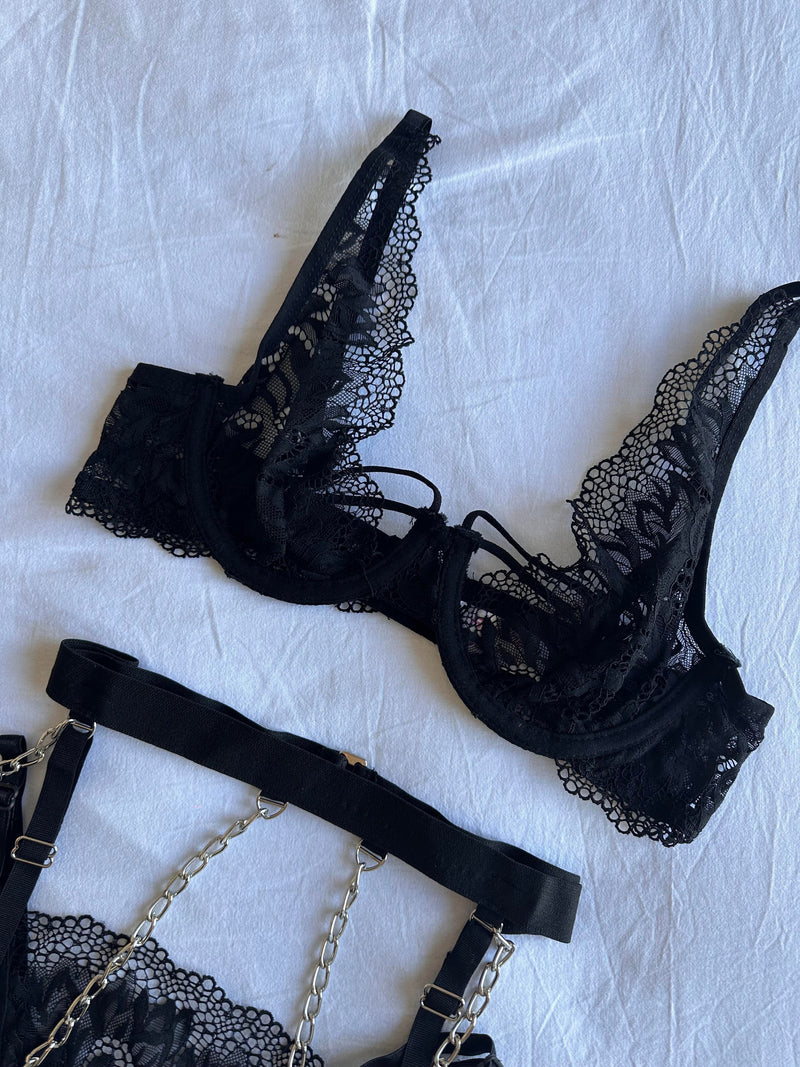 Black Lace Garter Belt Set by The Lilith Noir — Side View