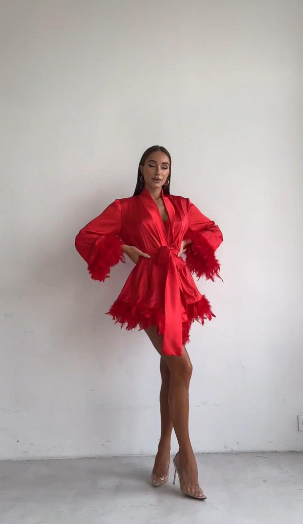Fire Red Feather-Trimmed Satin Robe Set by The Lilith Noir