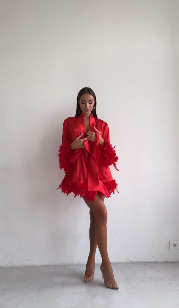 Fire Red Feather-Trimmed Satin Robe Set - alternate view